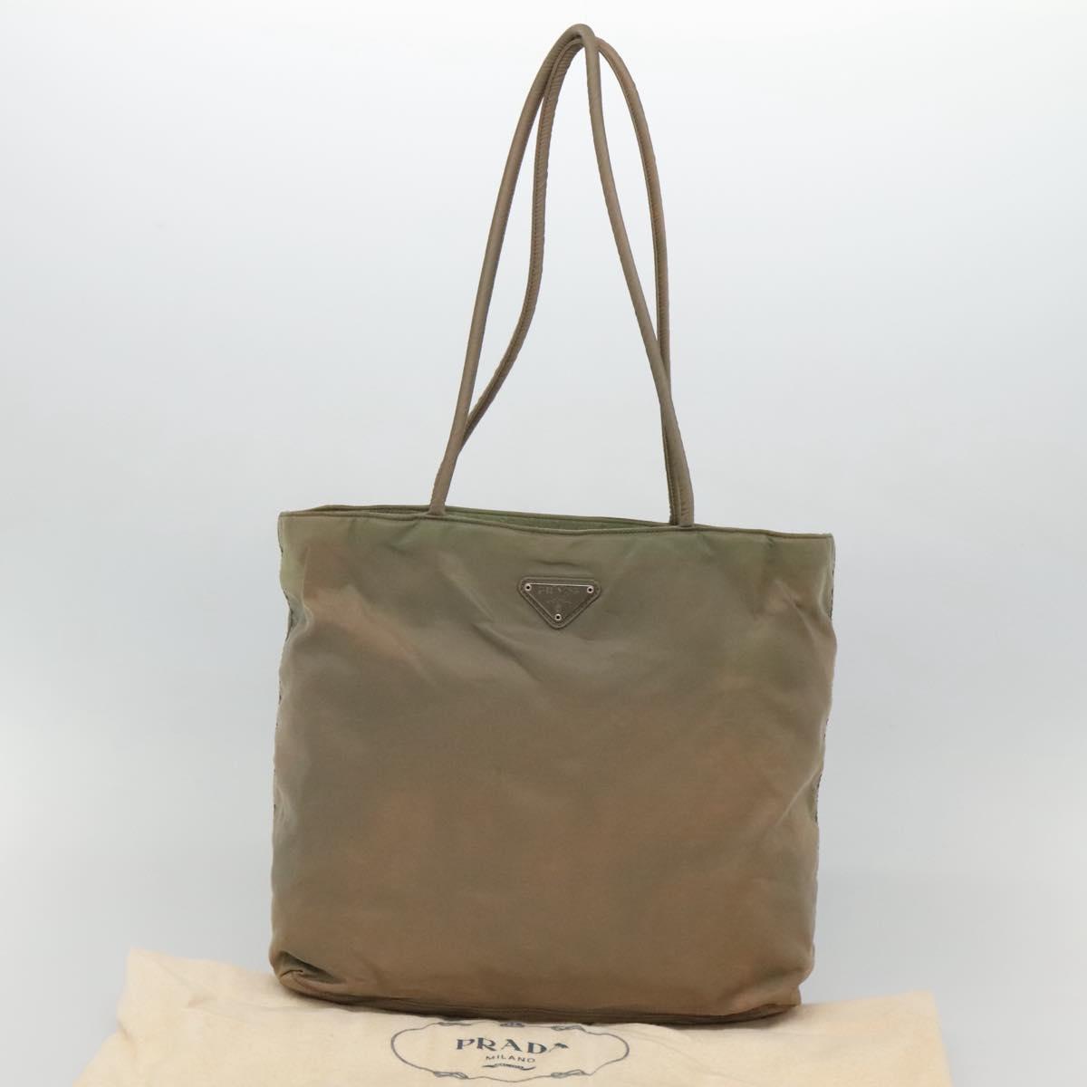 PRADA Tote Bag Nylon Beige Silver Auth ar13394