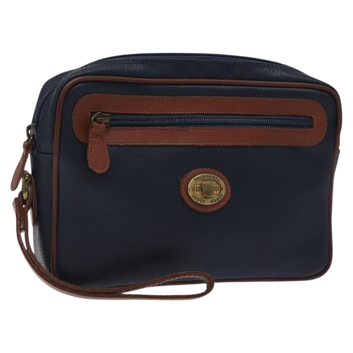 Burberrys Clutch Bag PVC Leather Navy Gold Auth ar13433