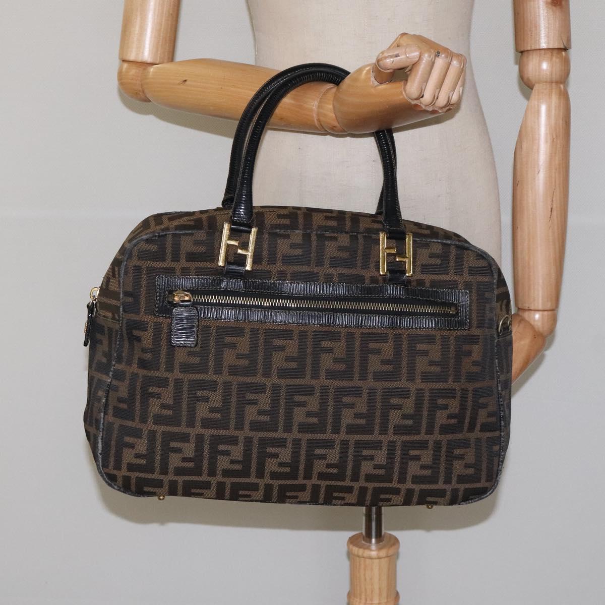 FENDI Zucca Canvas Hand Bag Black Brown gold Auth ar13453