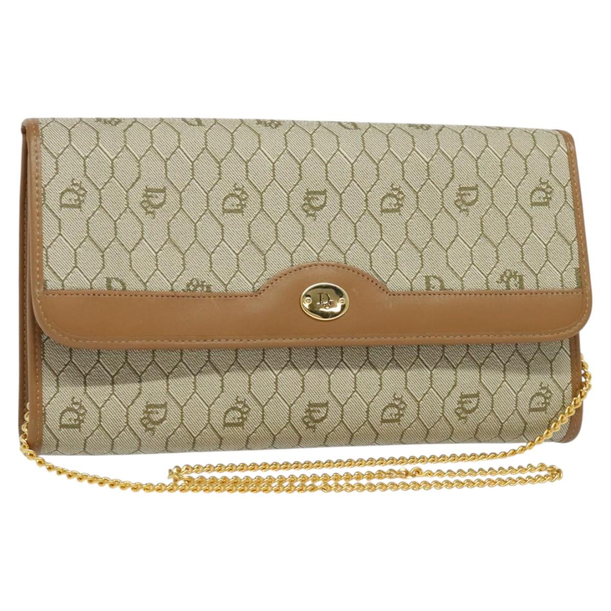 Christian Dior Honeycomb Canvas Chain Shoulder Bag PVC Beige Gold Auth ar13474