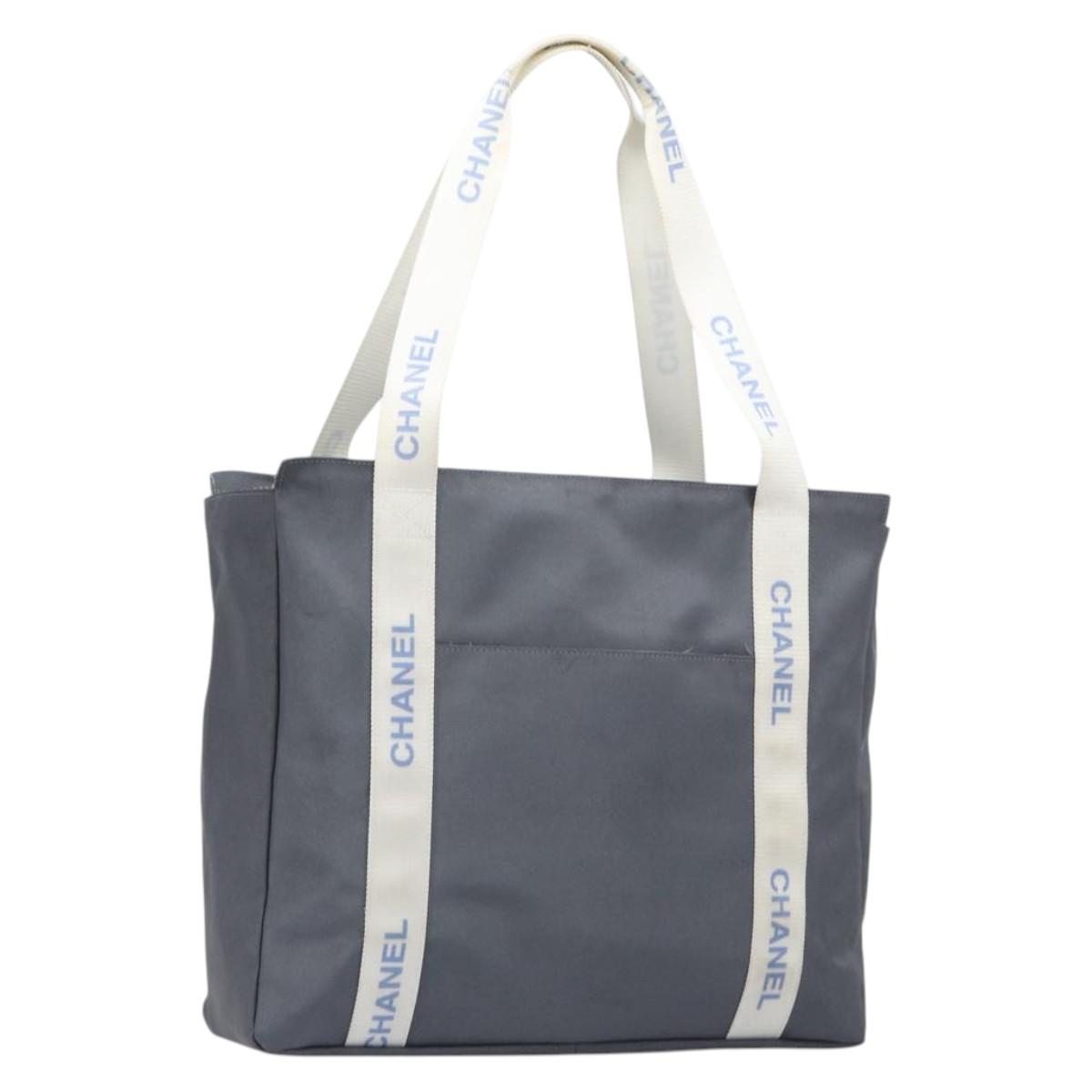 CHANEL Sports Tote Bag Nylon Gray White CC Auth ar13479
