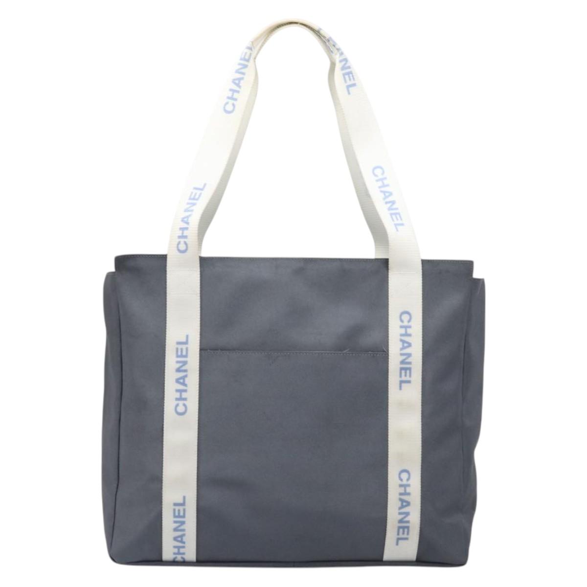 CHANEL Sports Tote Bag Nylon Gray White CC Auth ar13479
