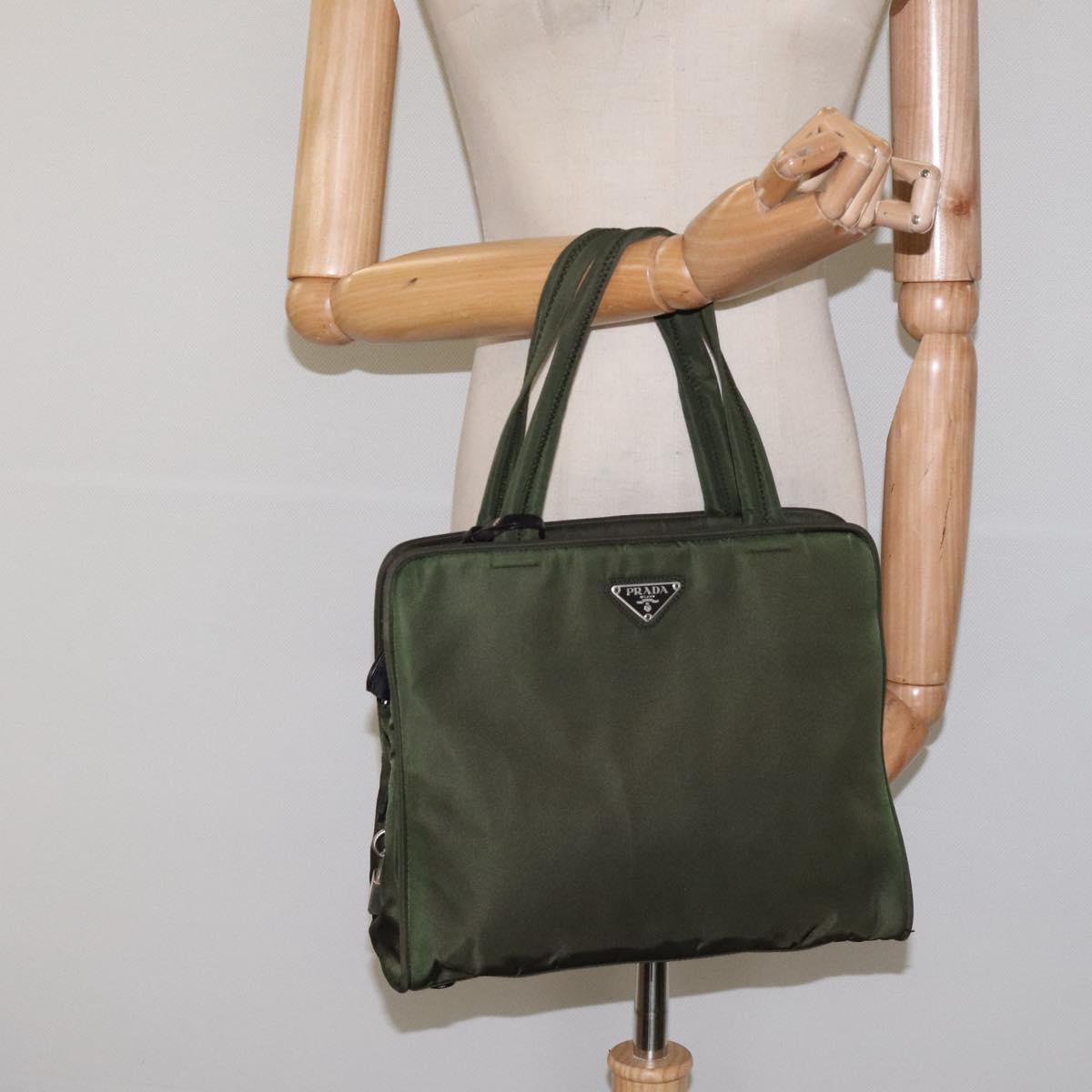 PRADA Hand Bag Nylon Khaki Silver Auth ar13534