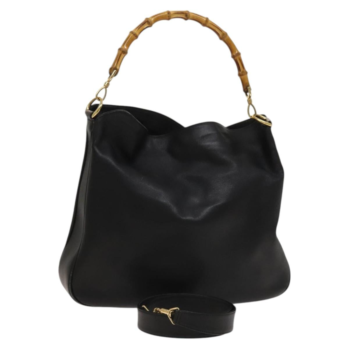 GUCCI Bamboo Hand Bag Leather 2way Black Gold 001 1998 1577 Auth ar13564