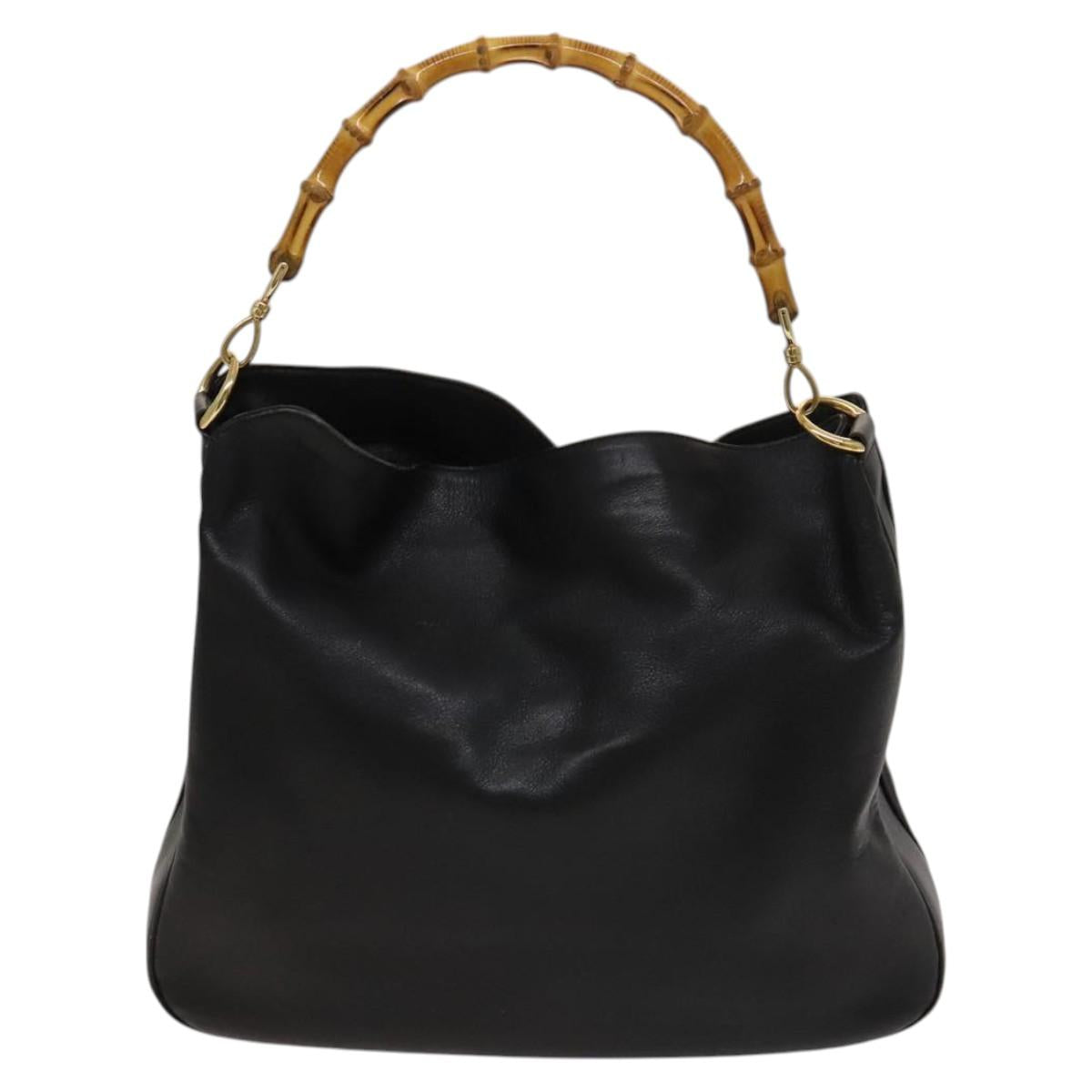 GUCCI Bamboo Hand Bag Leather 2way Black Gold 001 1998 1577 Auth ar13564