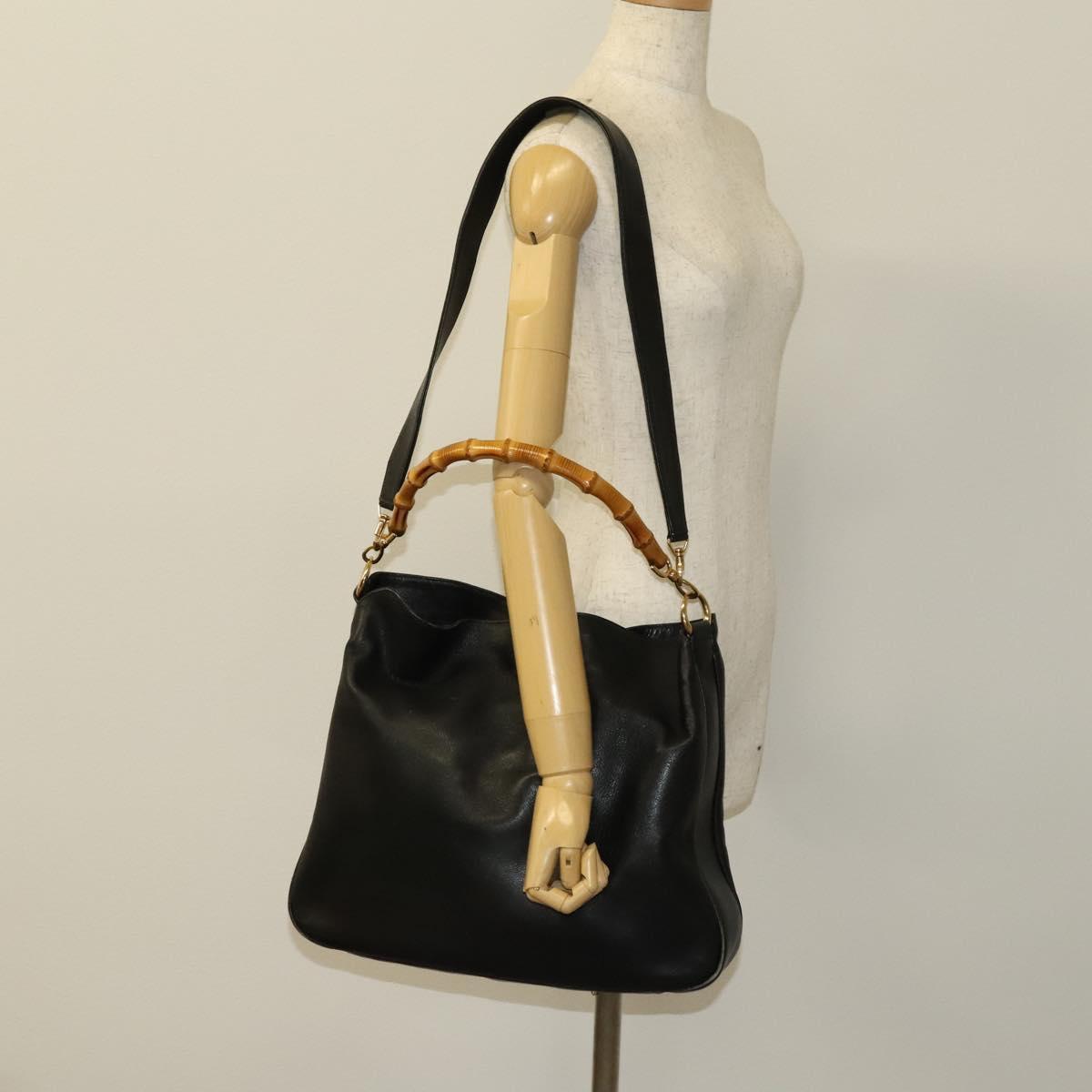 GUCCI Bamboo Hand Bag Leather 2way Black Gold 001 1998 1577 Auth ar13564