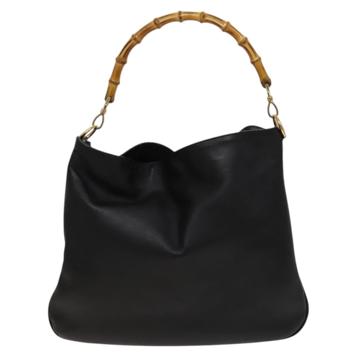 GUCCI Bamboo Hand Bag Leather 2way Black Gold 001 1998 1577 Auth ar13564