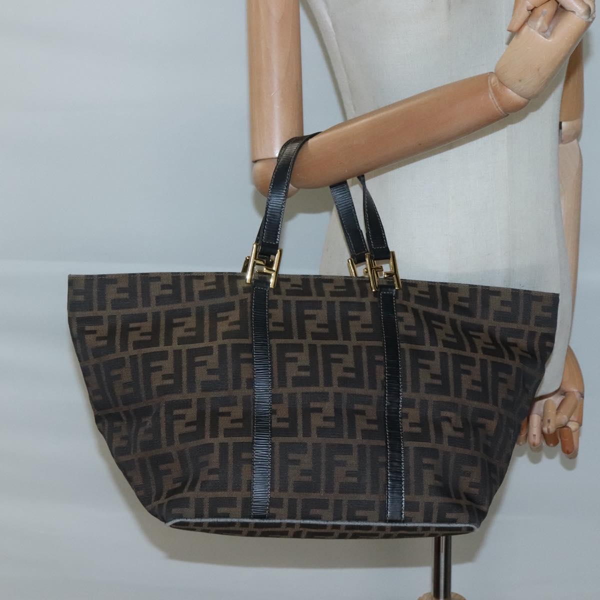 FENDI Zucca Canvas Hand Bag Brown Black gold Auth ar13588