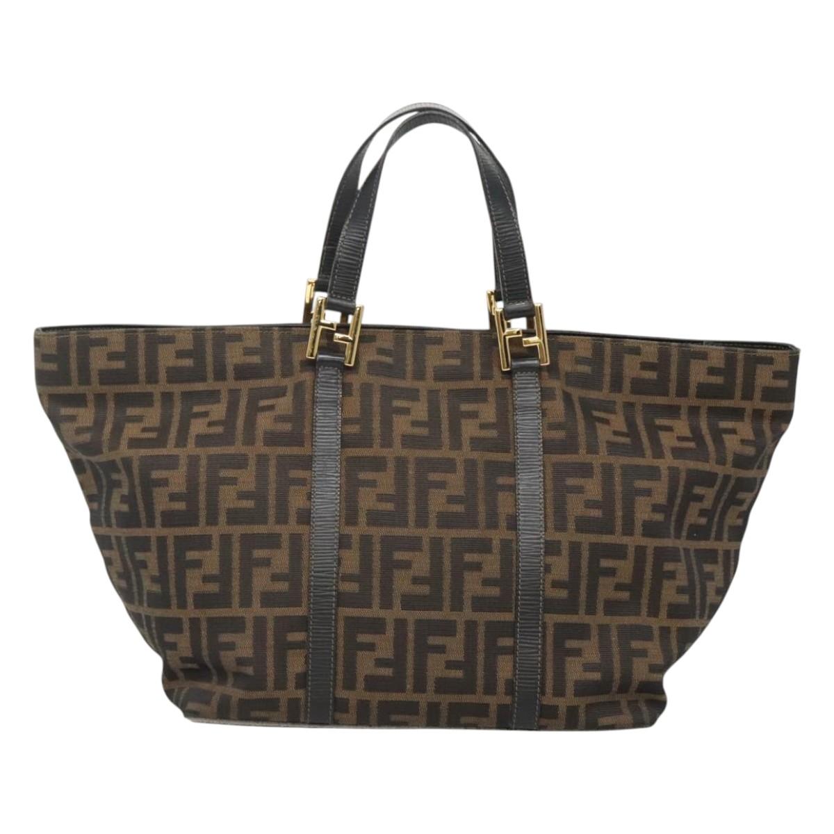 FENDI Zucca Canvas Hand Bag Brown Black gold Auth ar13588