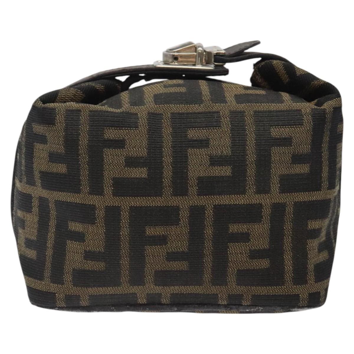 FENDI Zucca Canvas Hand Pouch BagBlack Brown Silver Auth ar13639