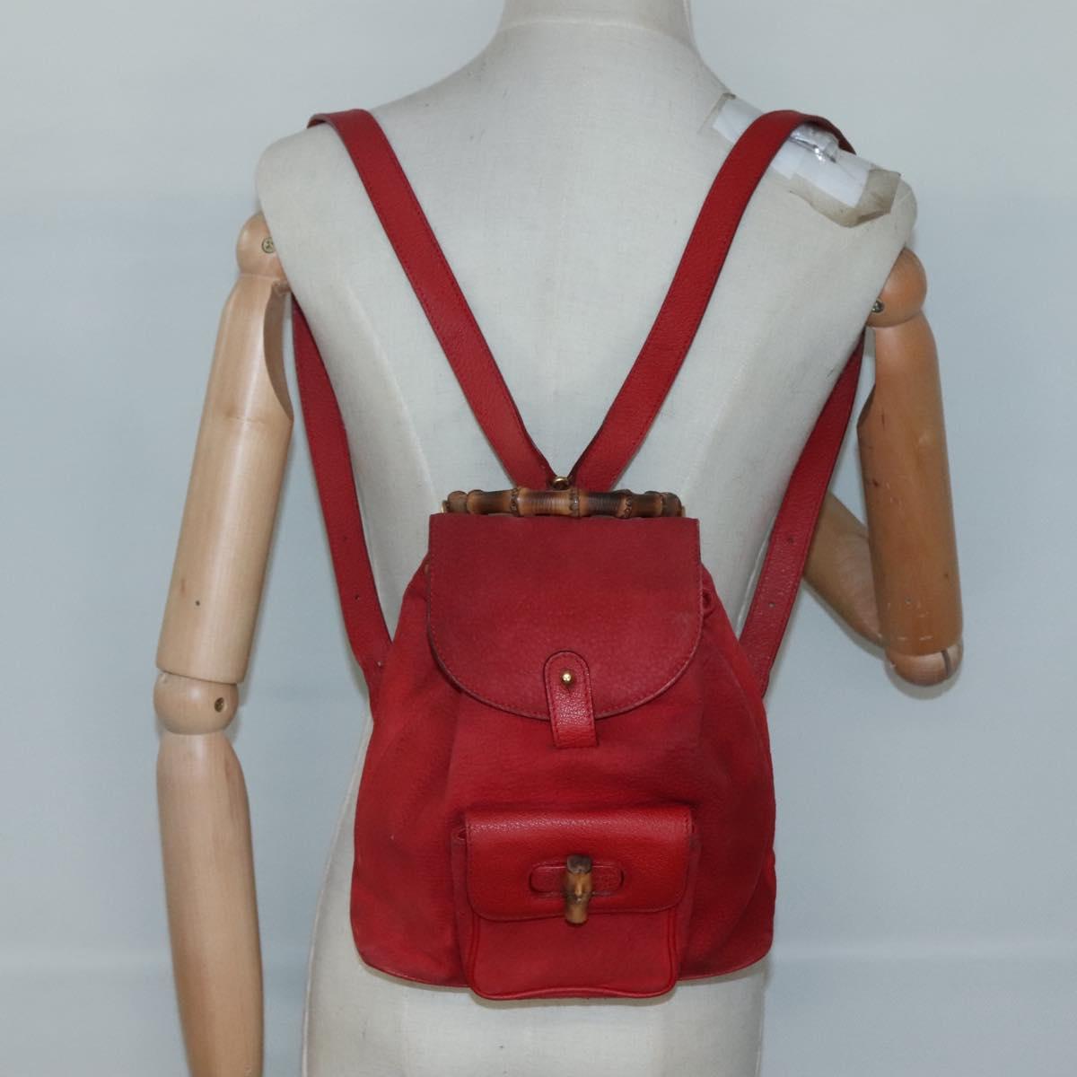 GUCCI Bamboo Backpack Suede Leather Red Gold 003 58 0030 Auth ar13675