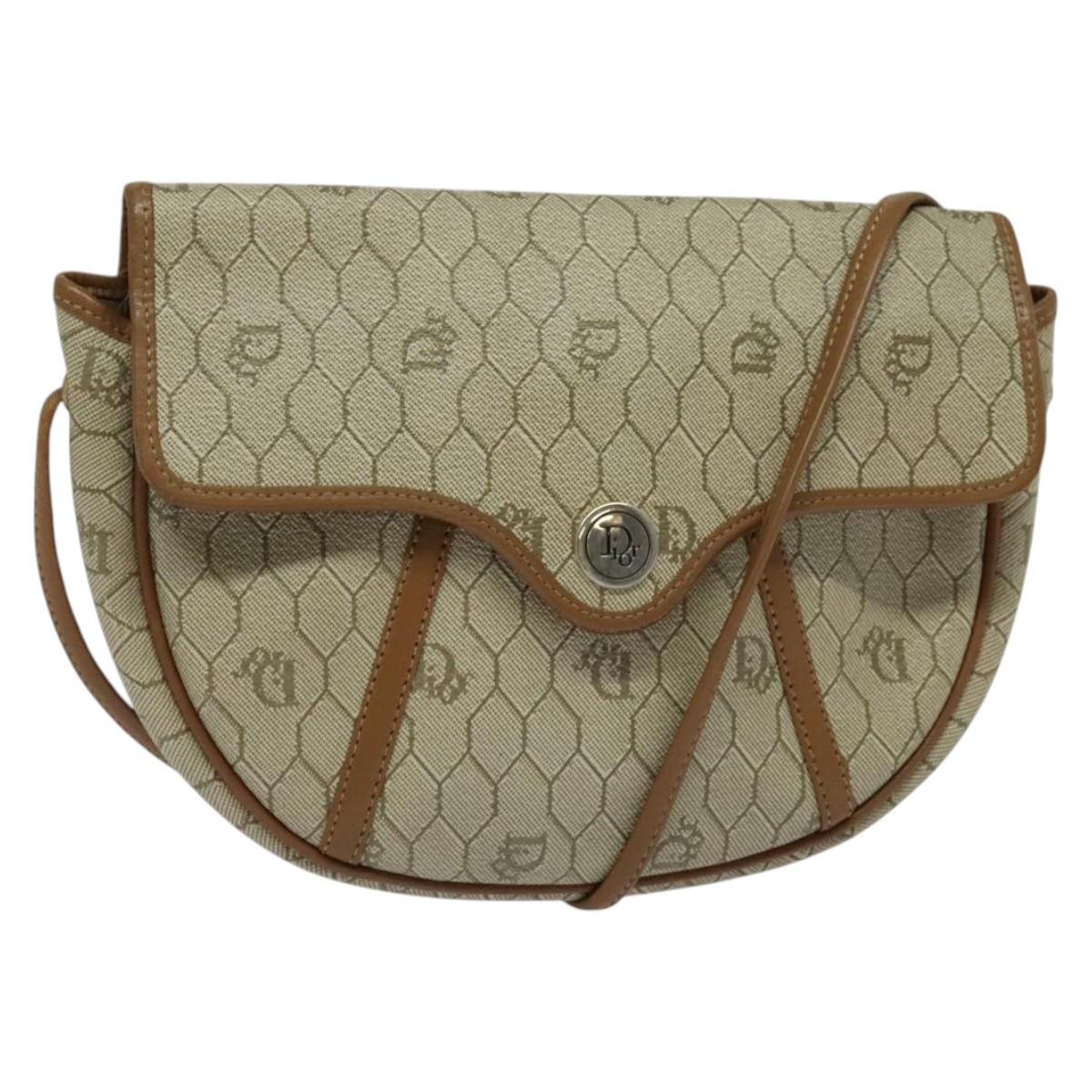 Christian Dior Honeycomb Canvas Shoulder Bag PVC Beige Gold Auth ar13702