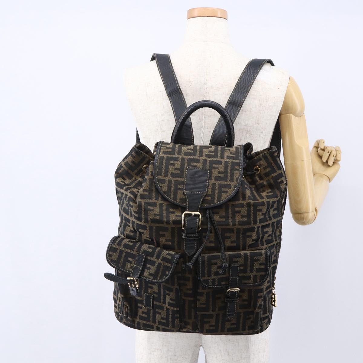 FENDI Zucca Canvas Backpack Brown Black gold Auth ar13750
