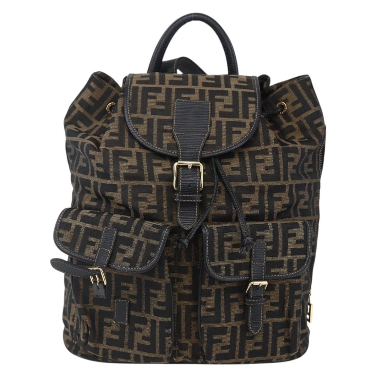FENDI Zucca Canvas Backpack Brown Black gold Auth ar13750