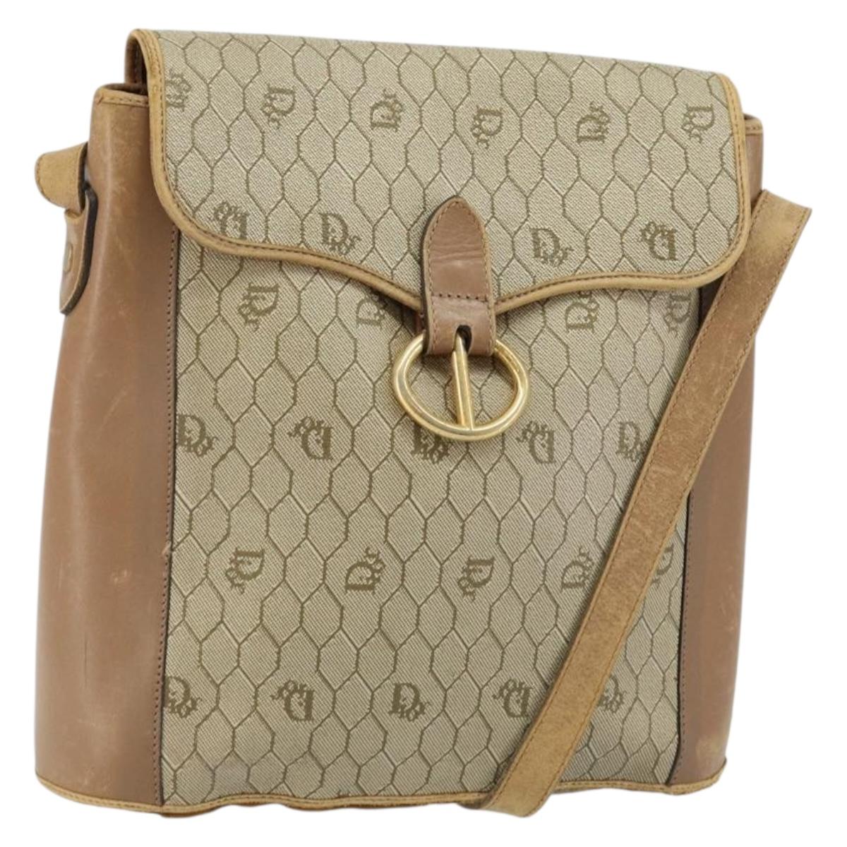 Christian Dior Honeycomb Canvas Shoulder Bag PVC Leather Beige Gold Auth ar13753