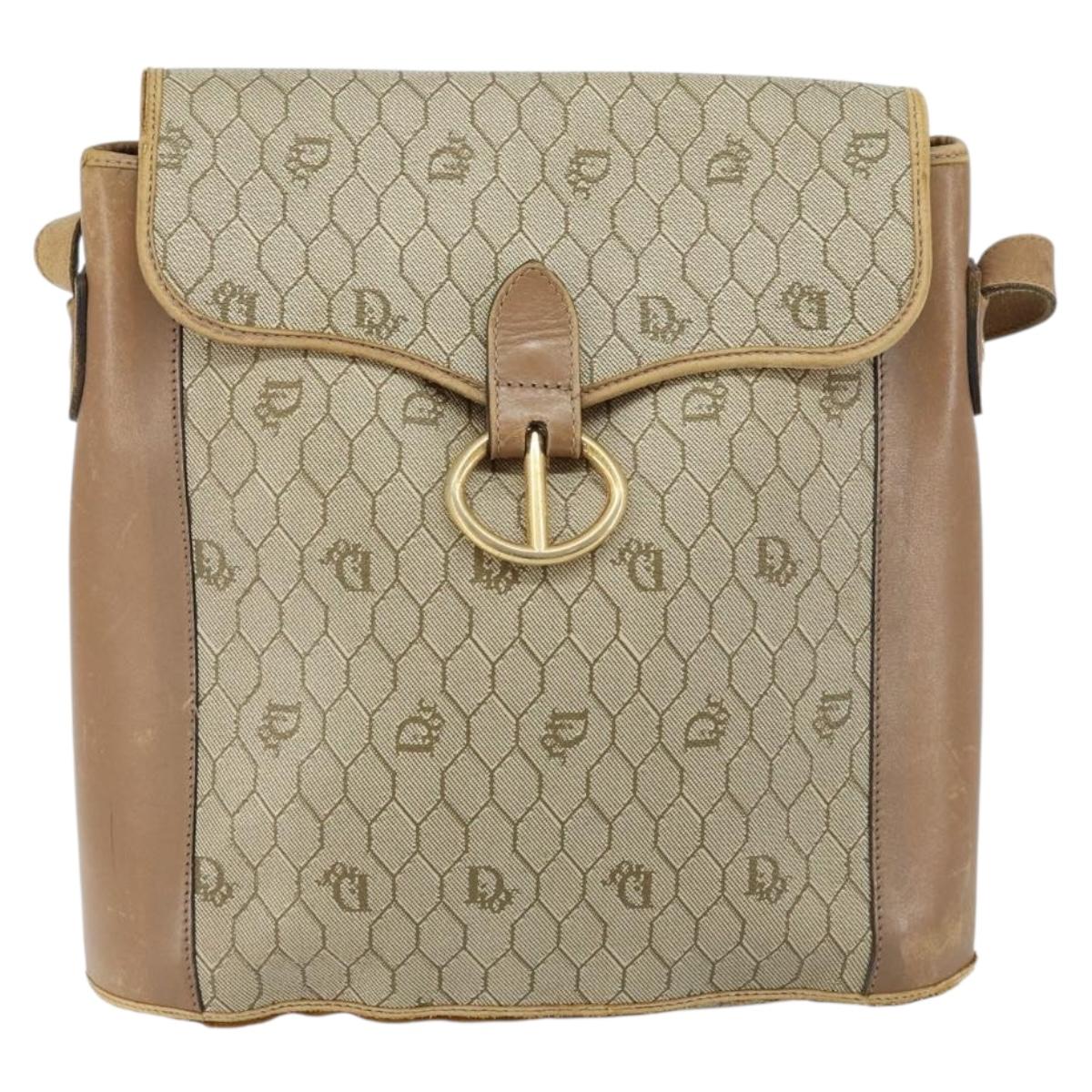 Christian Dior Honeycomb Canvas Shoulder Bag PVC Leather Beige Gold Auth ar13753