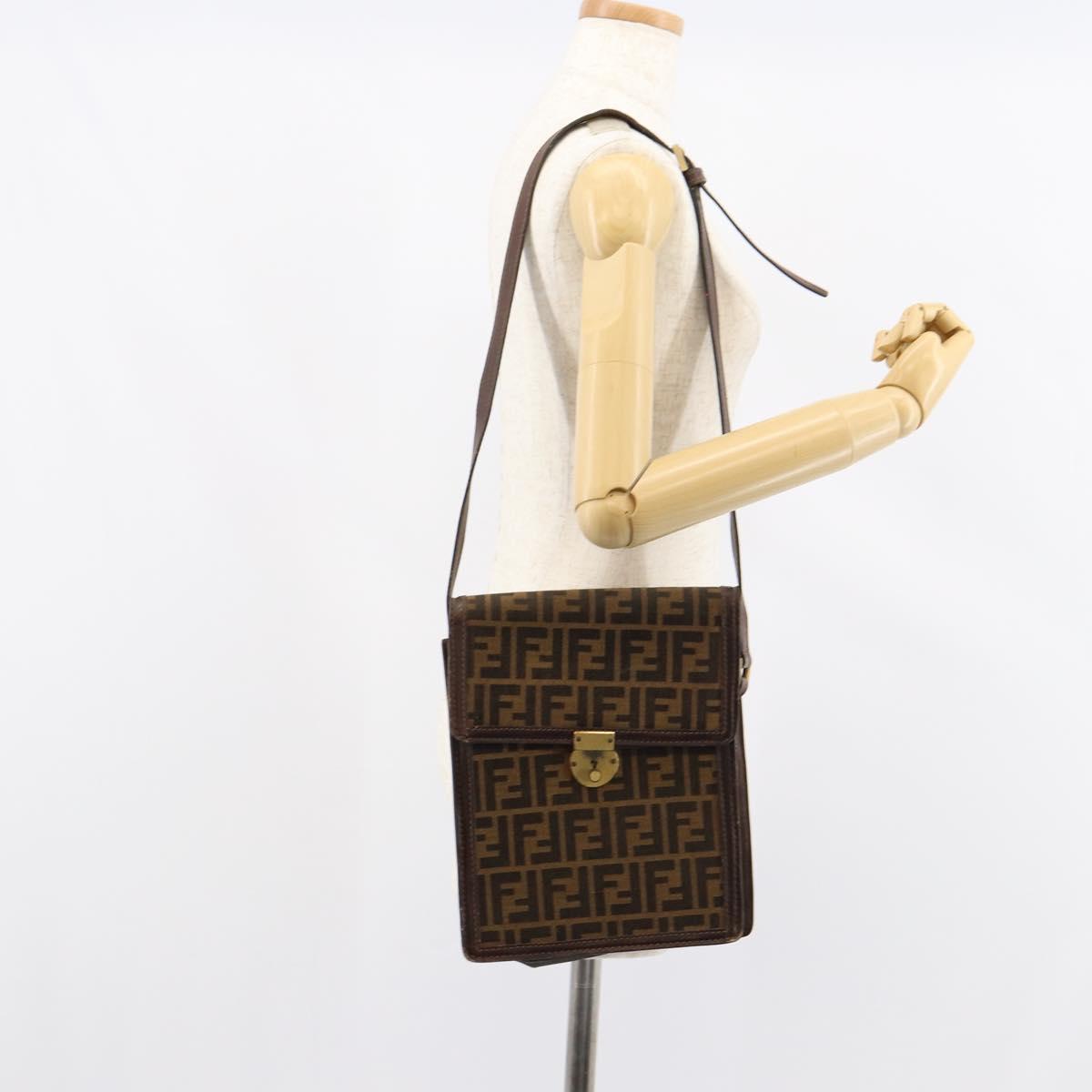 FENDI Zucca Canvas Shoulder Bag Black Brown Auth ar13782