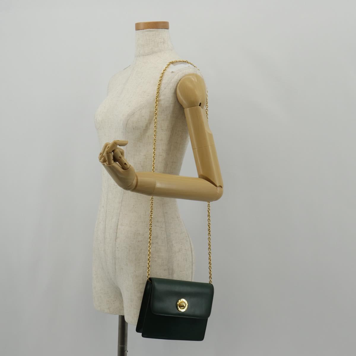 CELINE Chain Shoulder Bag Leather Green Gold Auth ar13811V