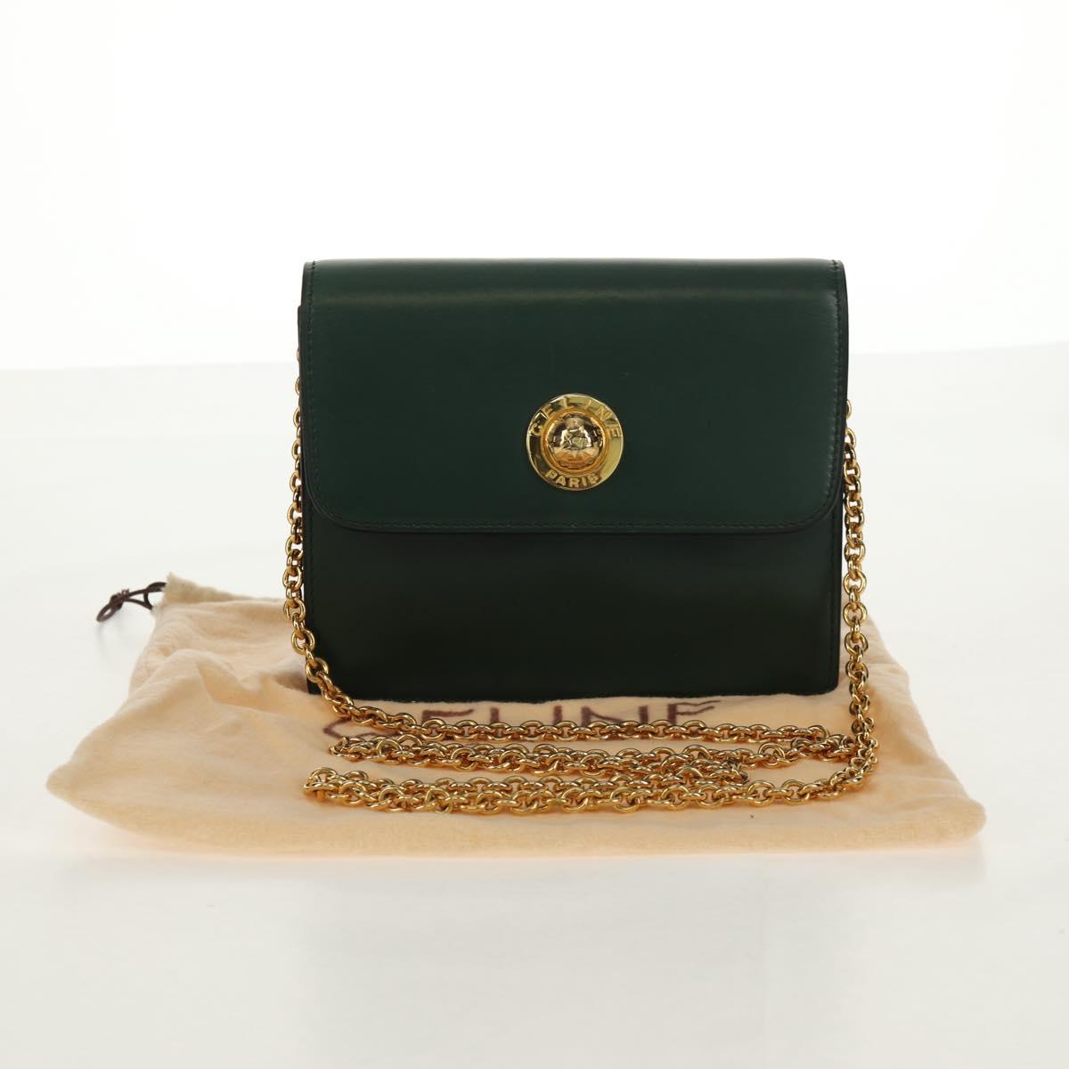 CELINE Chain Shoulder Bag Leather Green Gold Auth ar13811V