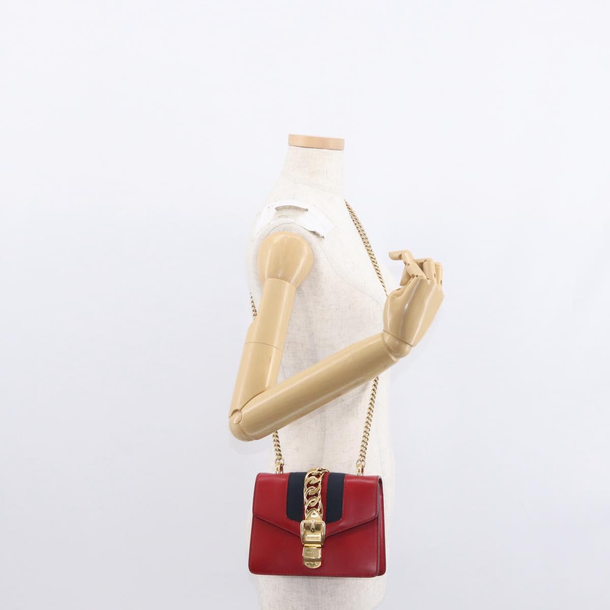 GUCCI Sylvie Sherry Line Chain Shoulder Bag Leather Red Gold 431666 Auth ar13813