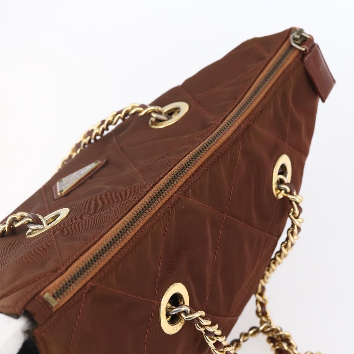 PRADA Chain Tote Bag Nylon Gold Brown Auth ar13820