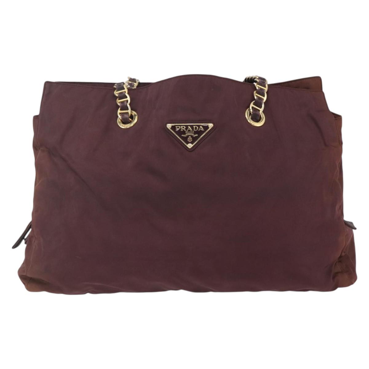 PRADA Chain Tote Bag Nylon Bordeaux Gold Auth ar13821