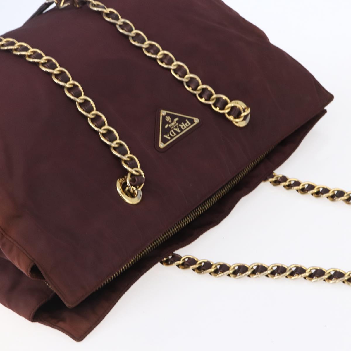PRADA Chain Tote Bag Nylon Bordeaux Gold Auth ar13821