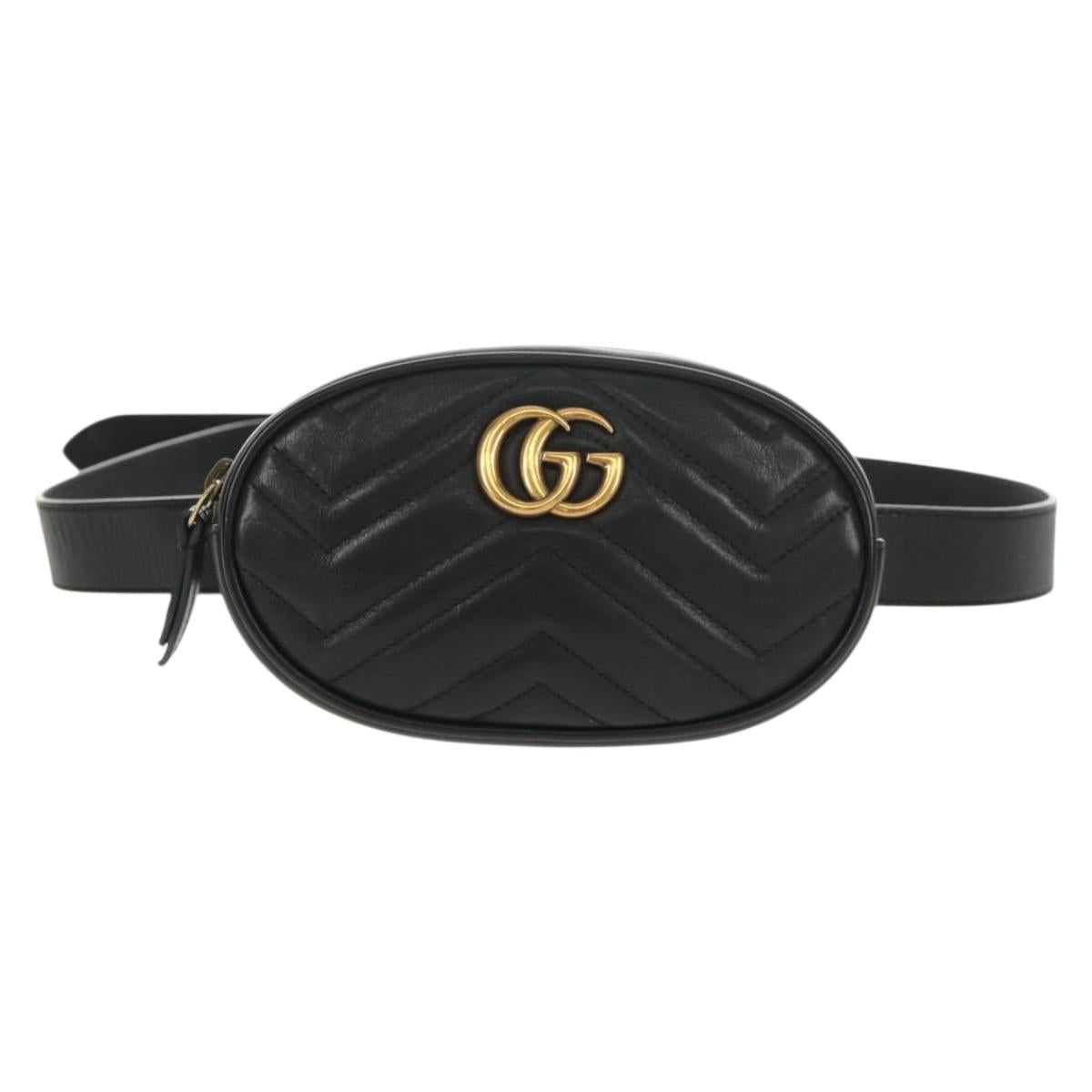 GUCCI GG Marmont Waist Bag Leather Black Gold 476434 Auth ar13822A