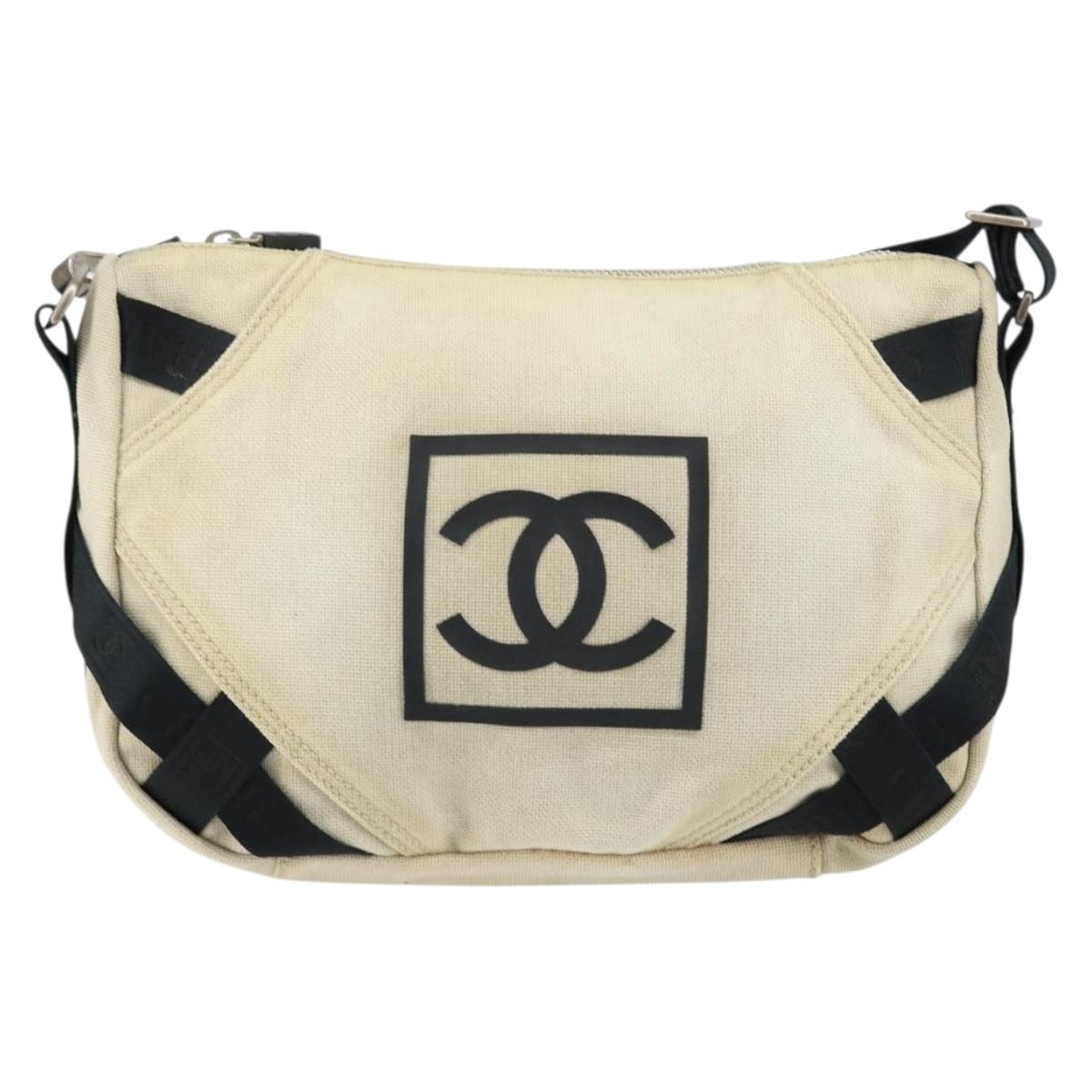 CHANEL Sports COCO Mark Shoulder Bag Canvas Beige Silver CC Auth ar13844