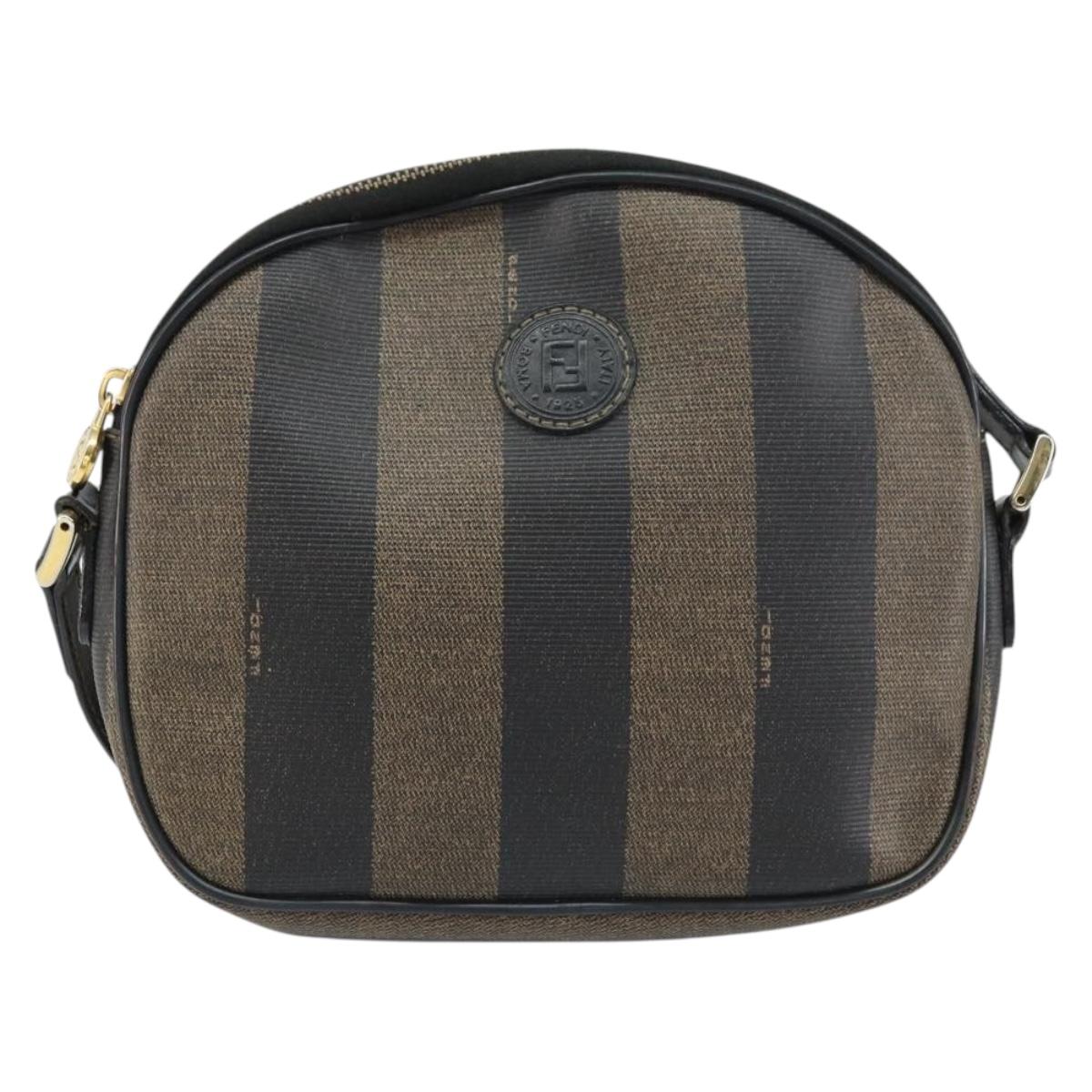 FENDI Pecan Canvas Shoulder Bag PVC Black Brown gold Auth ar13856