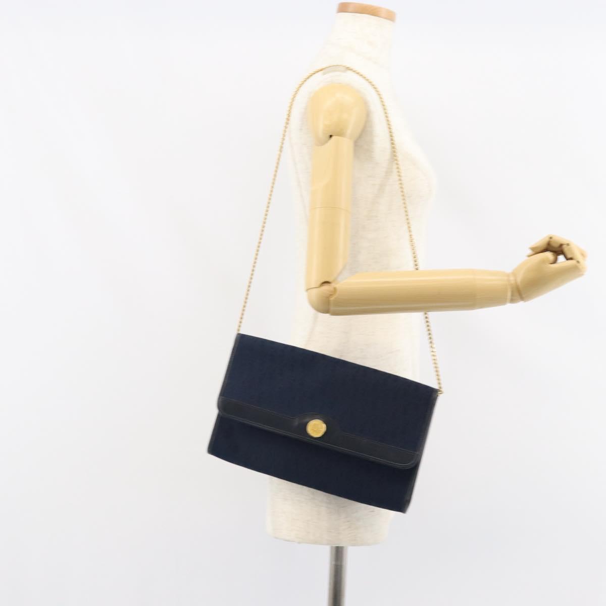 Christian Dior Trotter Canvas Chain Shoulder Bag Navy Gold Auth ar13869