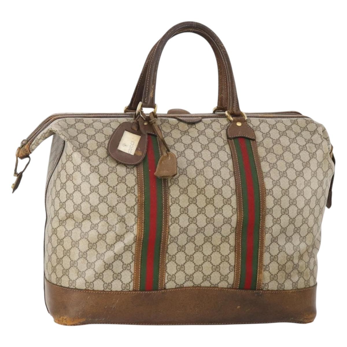 GUCCI GG Supreme Web Sherry Line Boston Bag PVC Beige Gold Auth ar13893