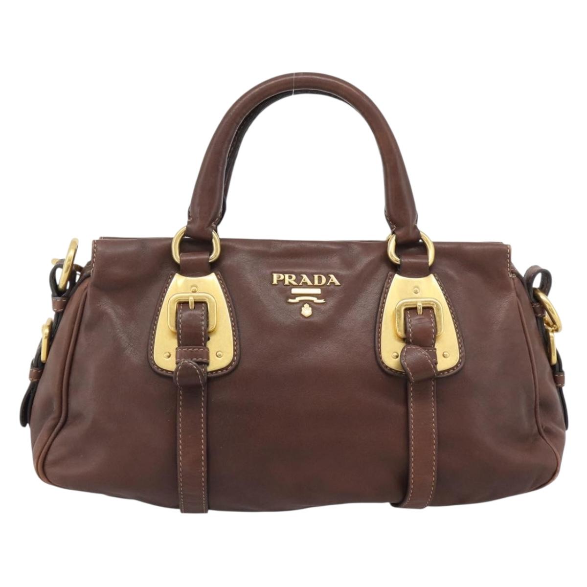 PRADA Hand Bag Leather 2way Brown Gold Auth ar13931A