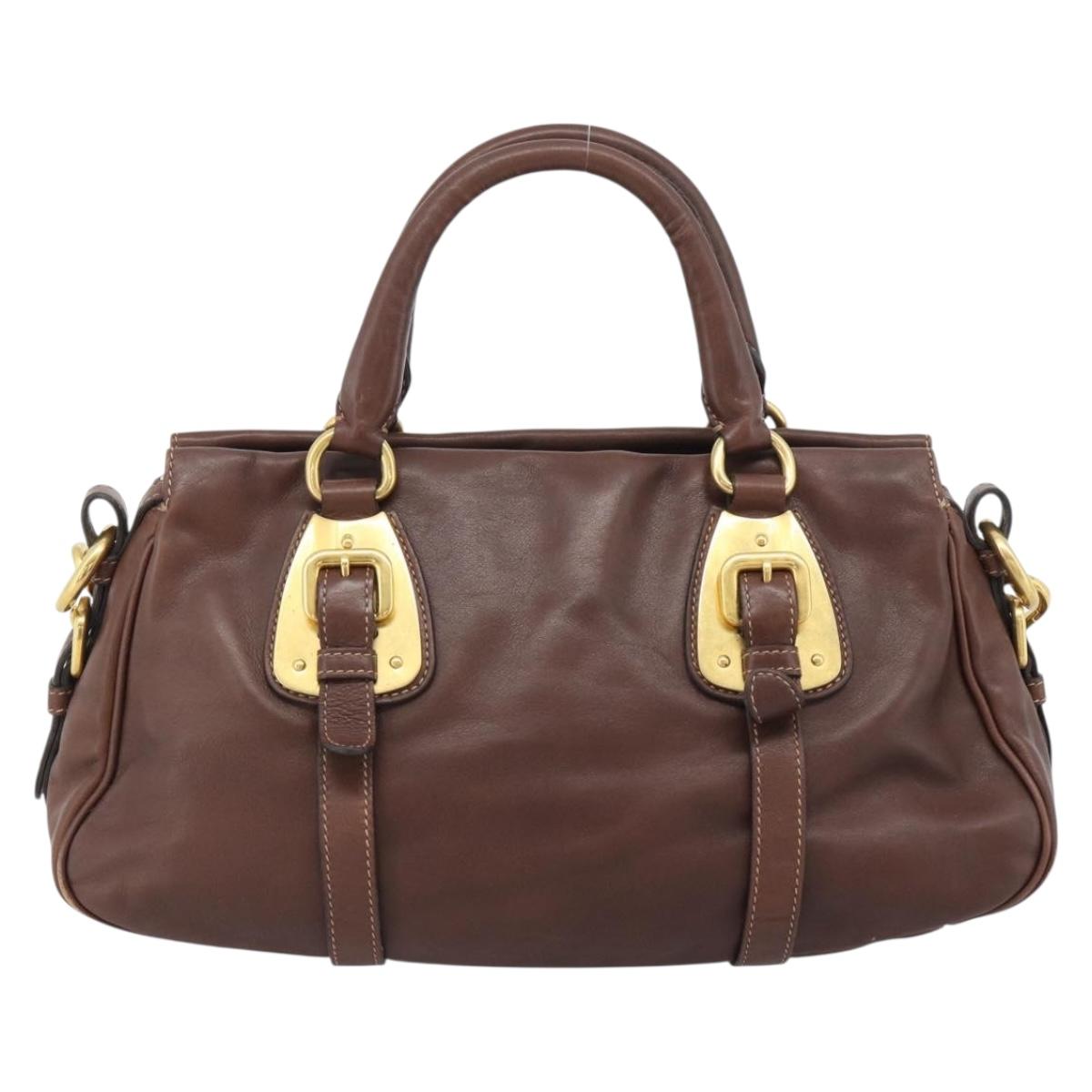 PRADA Hand Bag Leather 2way Brown Gold Auth ar13931A