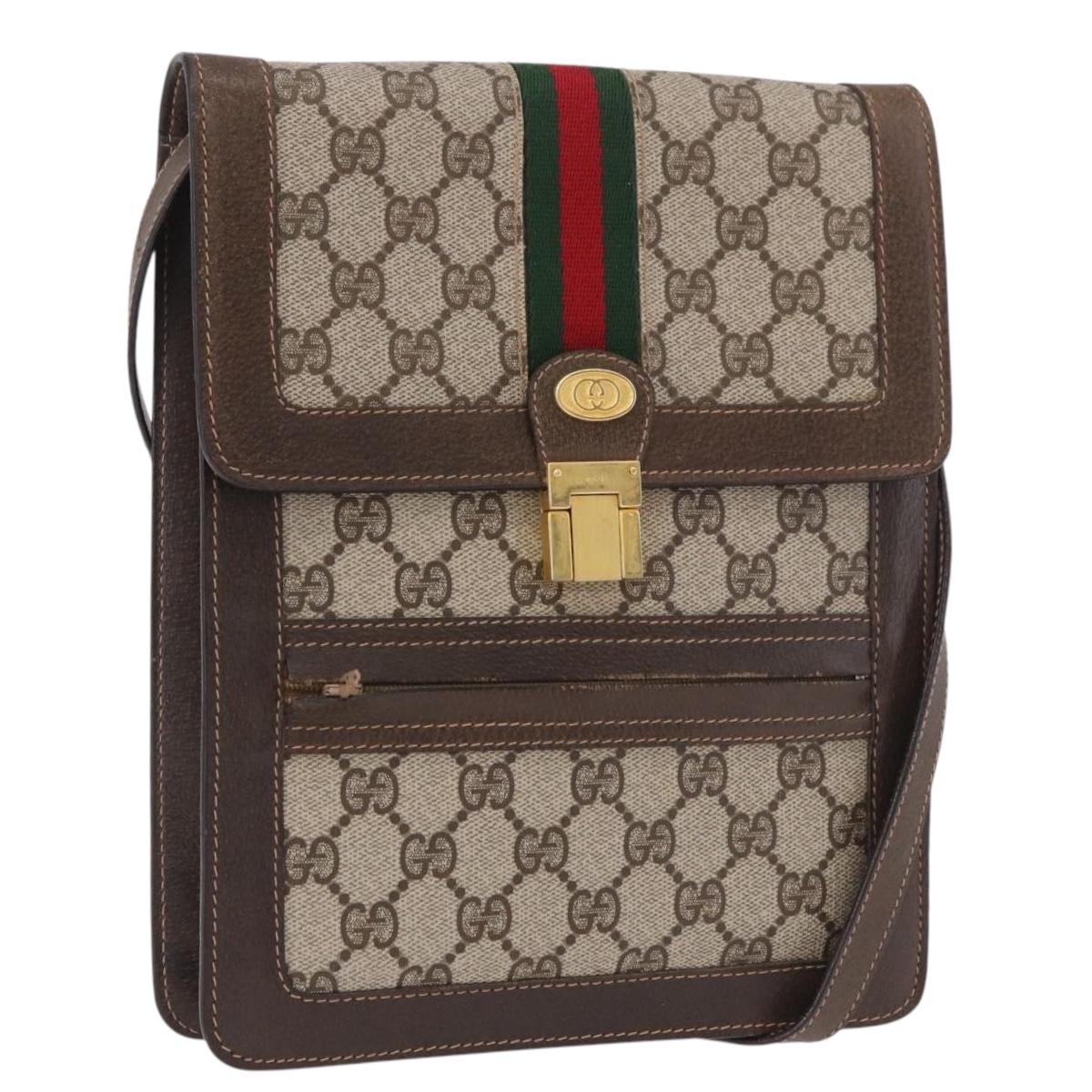 GUCCI GG Supreme Web Sherry Line Shoulder Bag PVC Beige Gold Auth ar13950