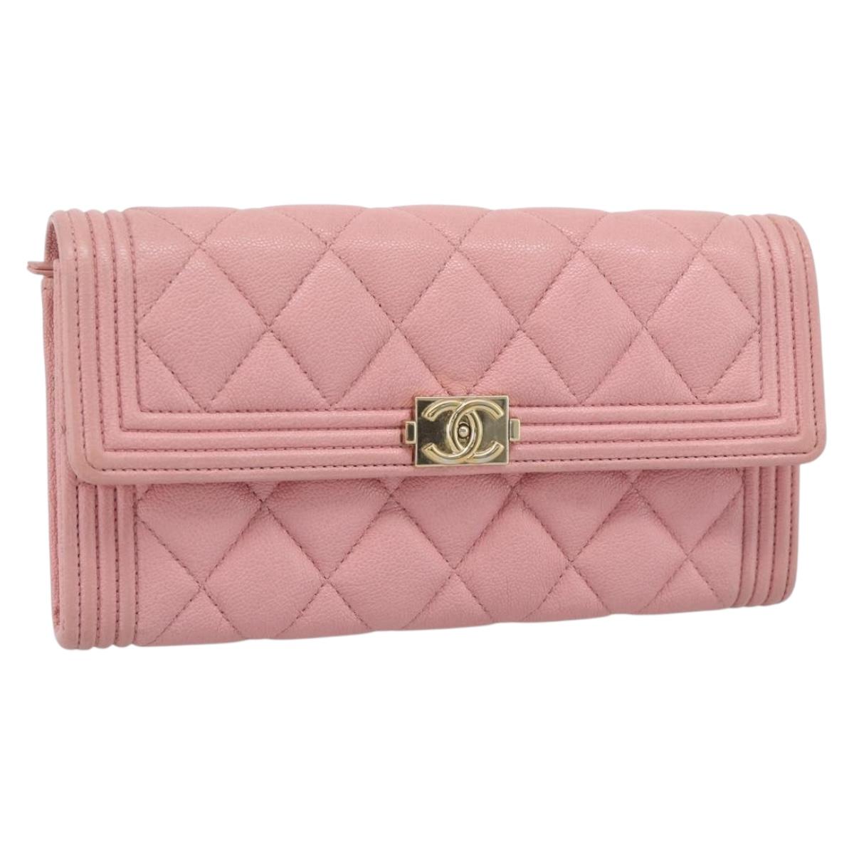 CHANEL Boy Chanel Long Wallet Caviar Skin Pink Gold CC Auth ar13963