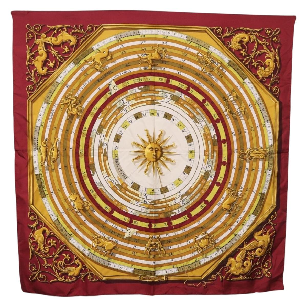 HERMES Carre 90 Scarf ""DIES ET HORE"" Silk Bordeaux Auth ar13966