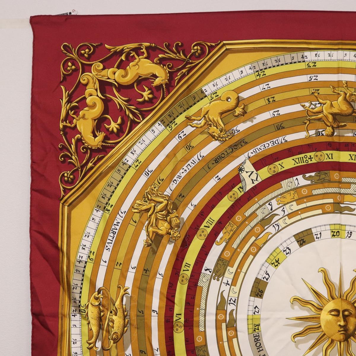 HERMES Carre 90 Scarf ""DIES ET HORE"" Silk Bordeaux Auth ar13966