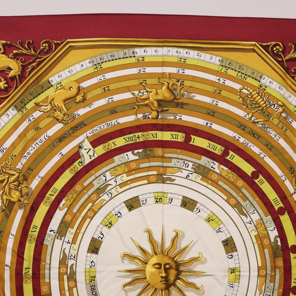 HERMES Carre 90 Scarf ""DIES ET HORE"" Silk Bordeaux Auth ar13966