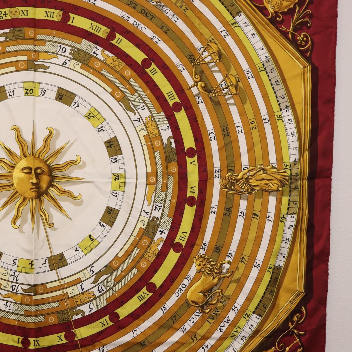 HERMES Carre 90 Scarf ""DIES ET HORE"" Silk Bordeaux Auth ar13966