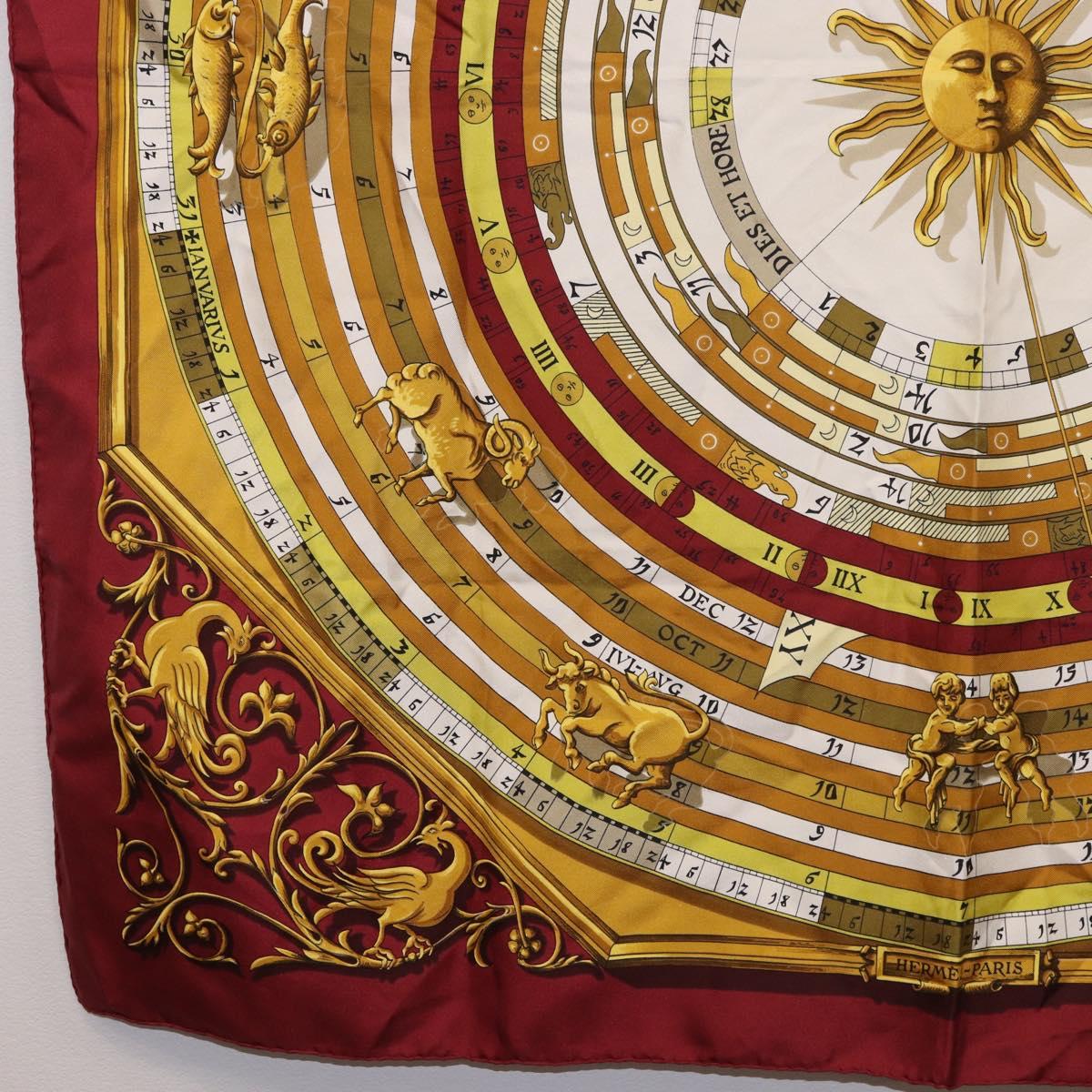HERMES Carre 90 Scarf ""DIES ET HORE"" Silk Bordeaux Auth ar13966