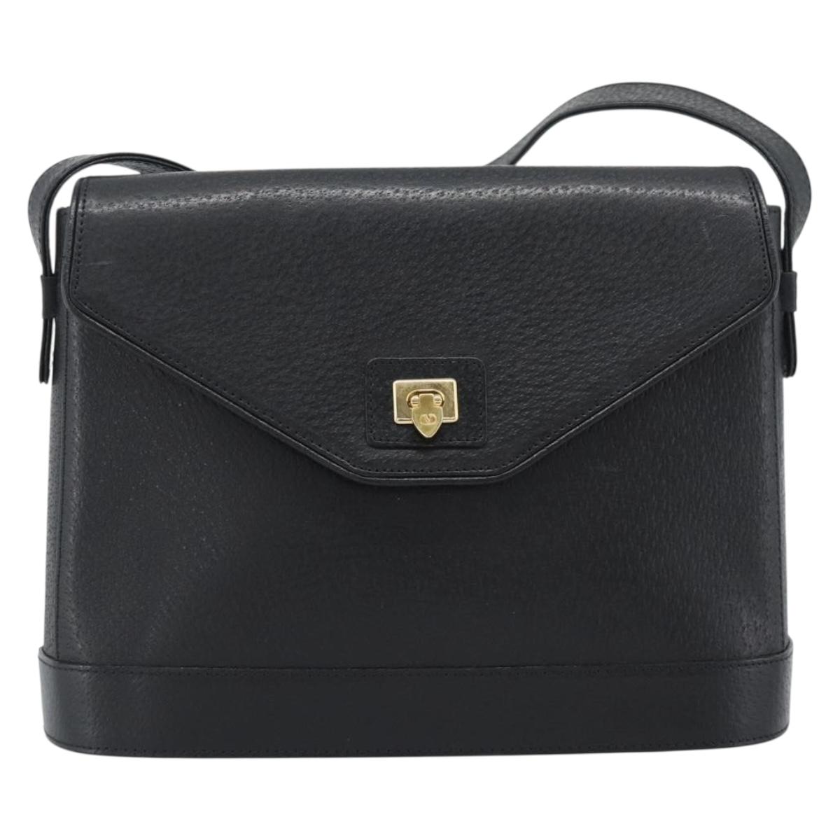 VALENTINO Shoulder Bag Leather Black Gold Auth ar13979