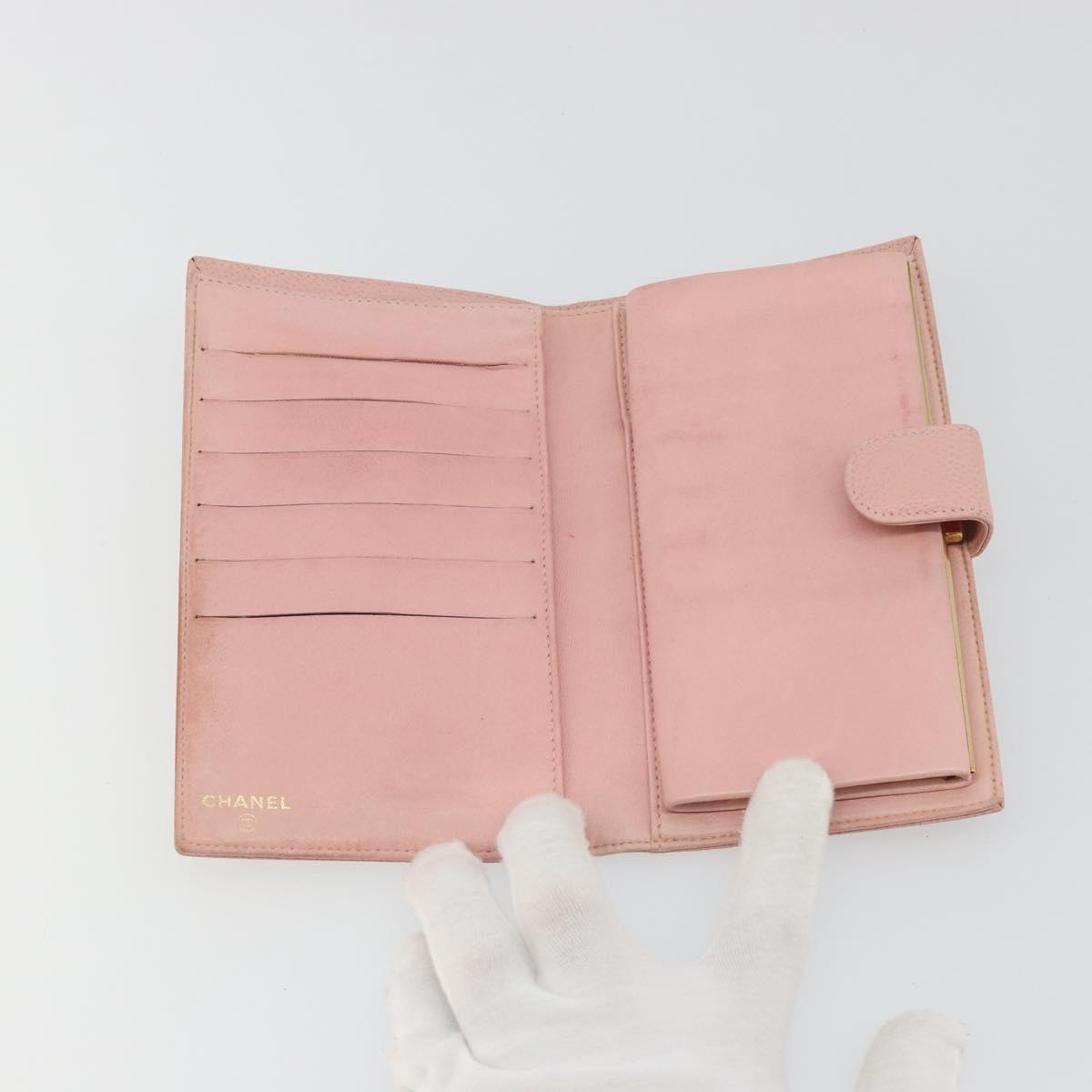 CHANEL Long Wallet Caviar Skin Pink Gold CC Auth ar13987A