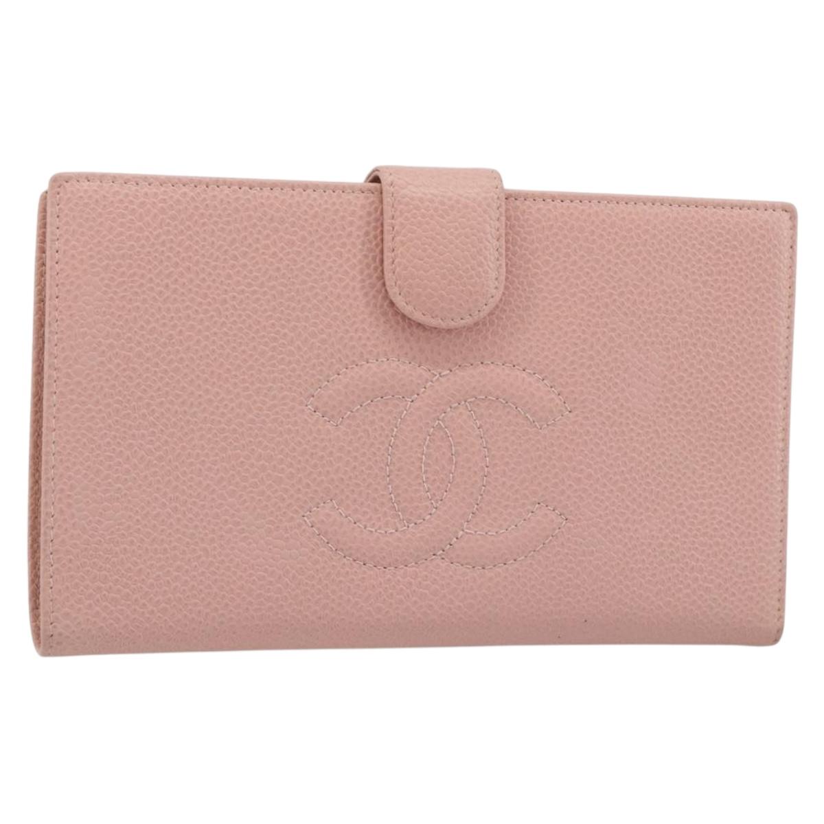 CHANEL Long Wallet Caviar Skin Pink Gold CC Auth ar13987A
