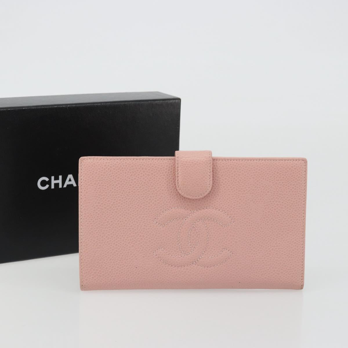 CHANEL Long Wallet Caviar Skin Pink Gold CC Auth ar13987A
