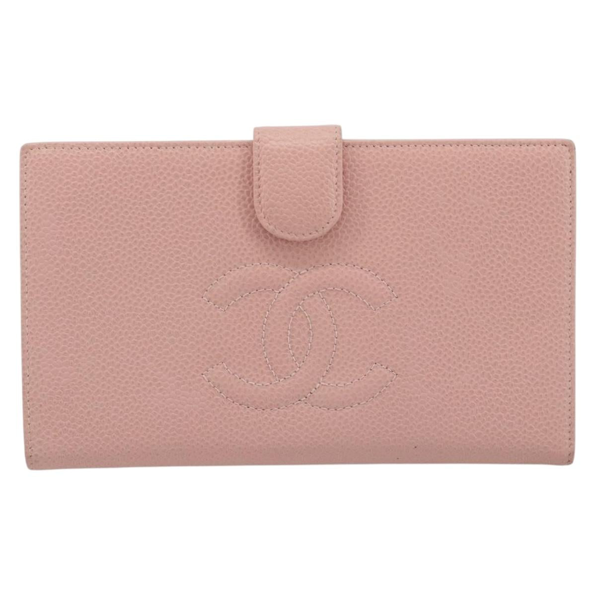 CHANEL Long Wallet Caviar Skin Pink Gold CC Auth ar13987A
