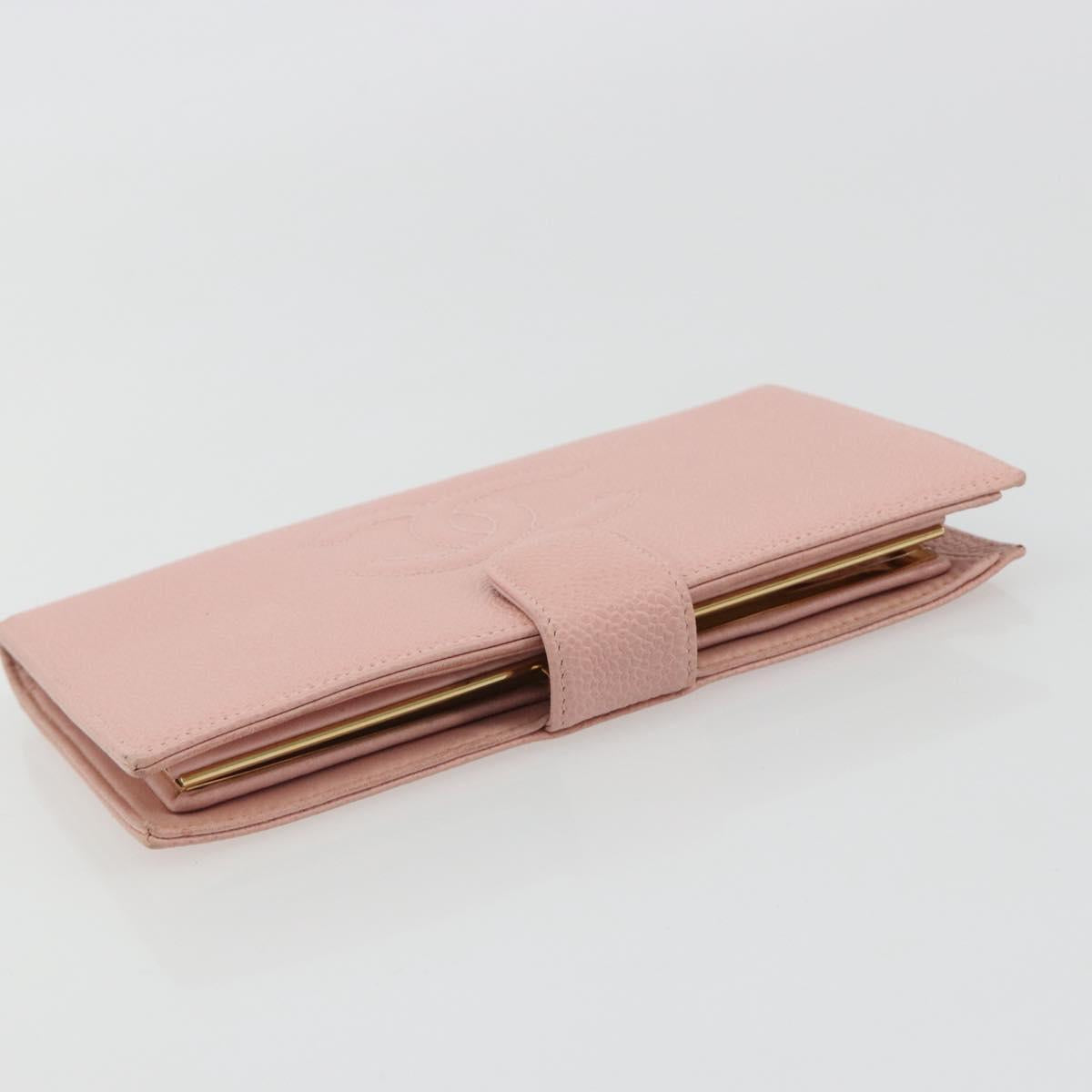 CHANEL Long Wallet Caviar Skin Pink Gold CC Auth ar13987A