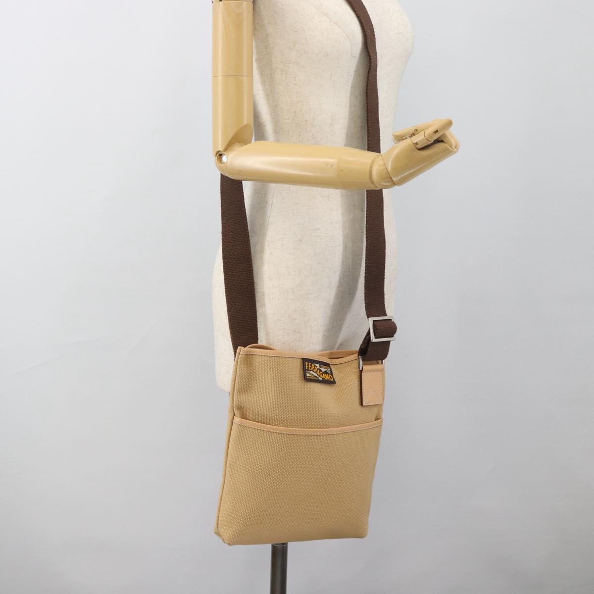 Salvatore Ferragamo Shoulder Bag Canvas Beige Silver Auth ar14005
