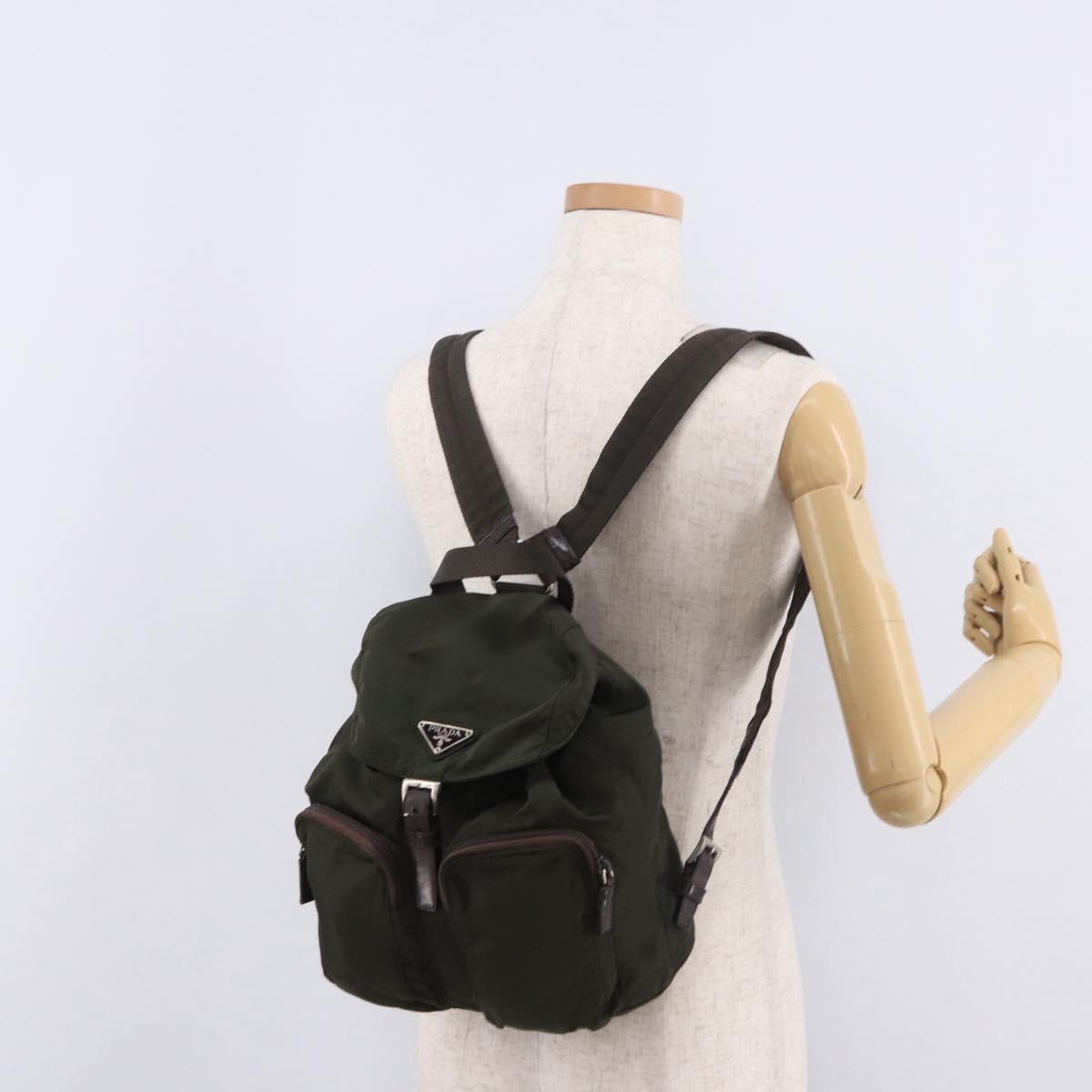 PRADA Backpack Nylon Khaki Silver Auth ar14006