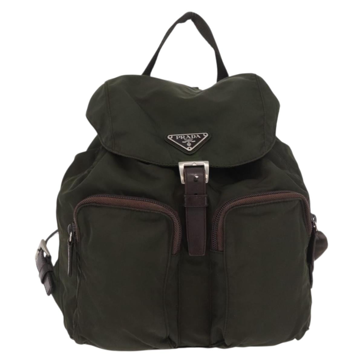 PRADA Backpack Nylon Khaki Silver Auth ar14006